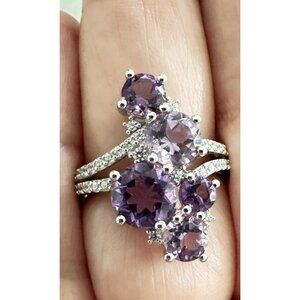 Silver African Amethyst, Amethyst & White Topaz Cluster Cocktail Ring Size 7 Feb